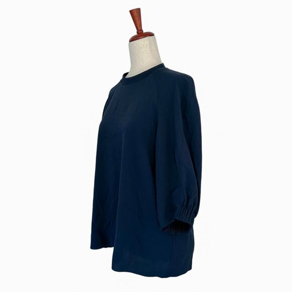 Tibi Blouse Size Small‎ 3/4 Sleeve Crewneck Gathered Sleeve Dark Gray Teal Crepe - Picture 3 of 10